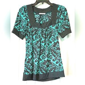 VGUC Testament M S Square Neck Flowy Tissue Floral Elbow Sleeve Top Teal Gray